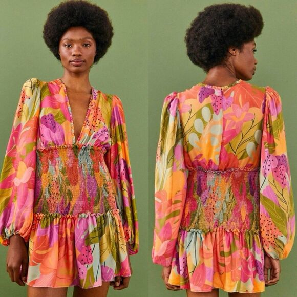 NWT Farm Rio Sweet Forest Smocked Long Sleeve V-Neck Mini Dress Size Small $230 - Picture 1 of 11